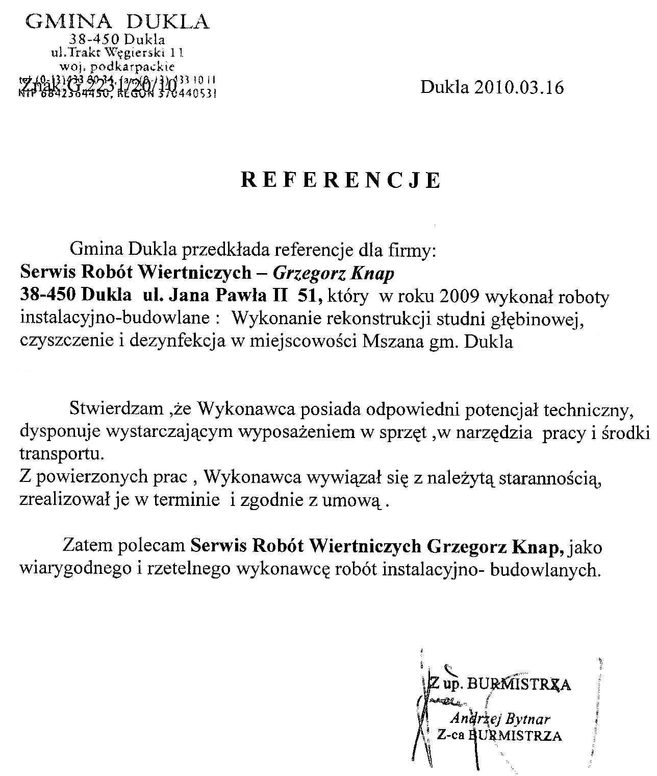 Referencje dla Serwis Robót Wiertnicznych miejscowość Mszana gm.Dukla